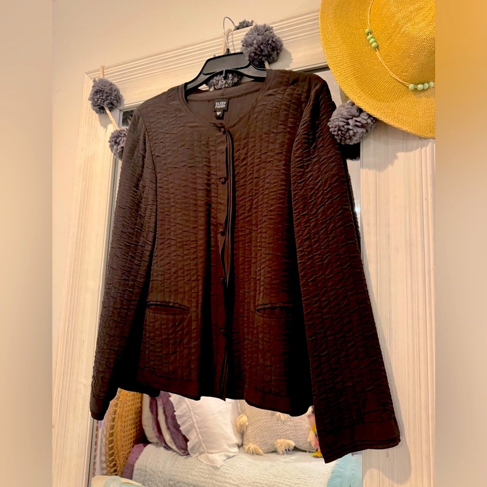 Designer Eileen Fisher Silk Crinkled Stitched Gorgeous Black Blazer Blouse- M
